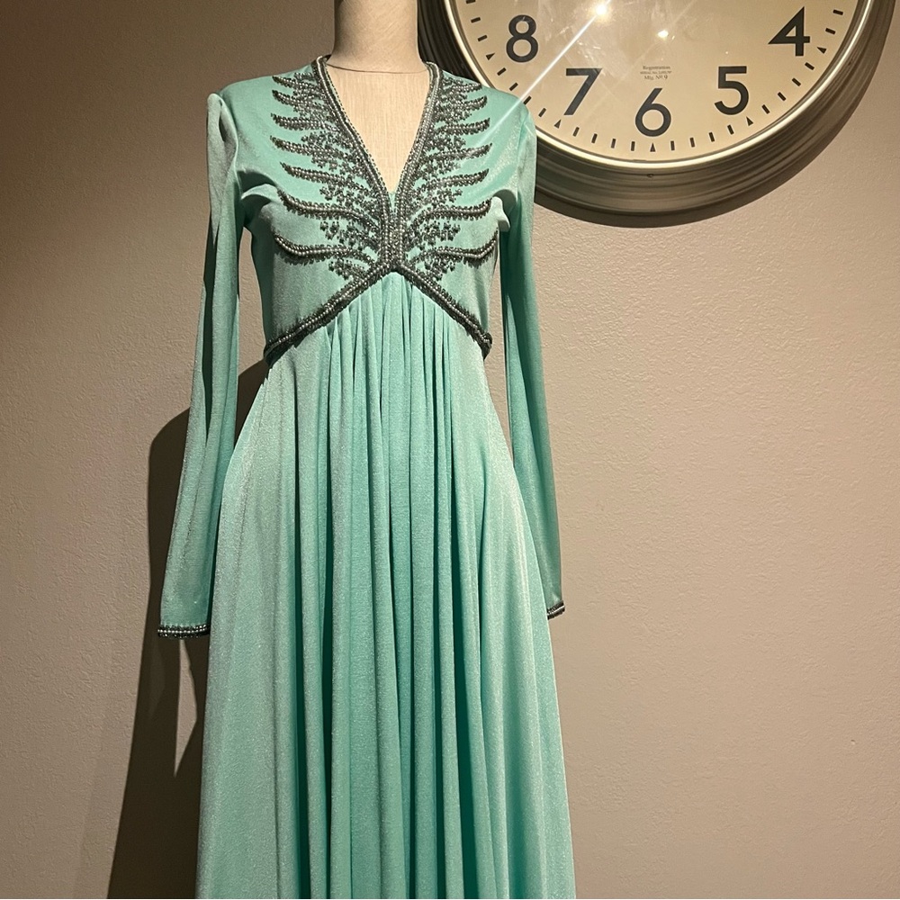 Vintage aqua/Mint Green Maxi Dress with Silver Beaded Detail
